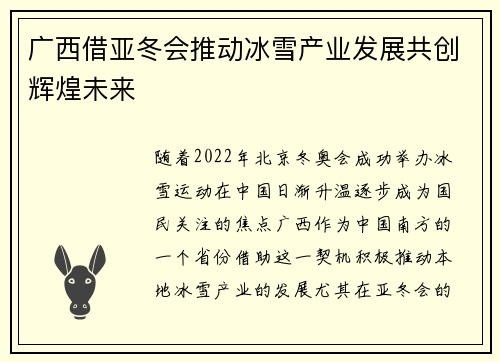 广西借亚冬会推动冰雪产业发展共创辉煌未来
