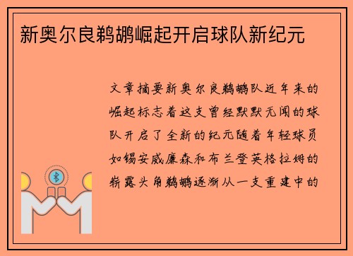 新奥尔良鹈鹕崛起开启球队新纪元