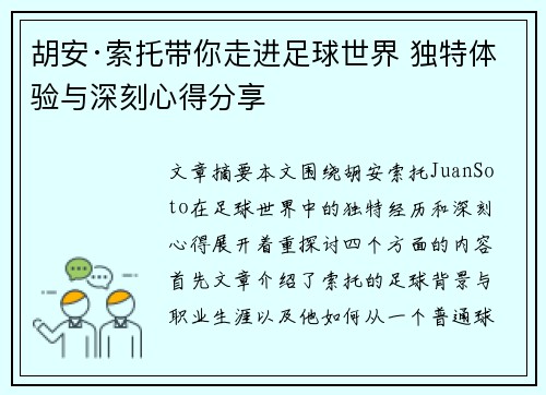 胡安·索托带你走进足球世界 独特体验与深刻心得分享